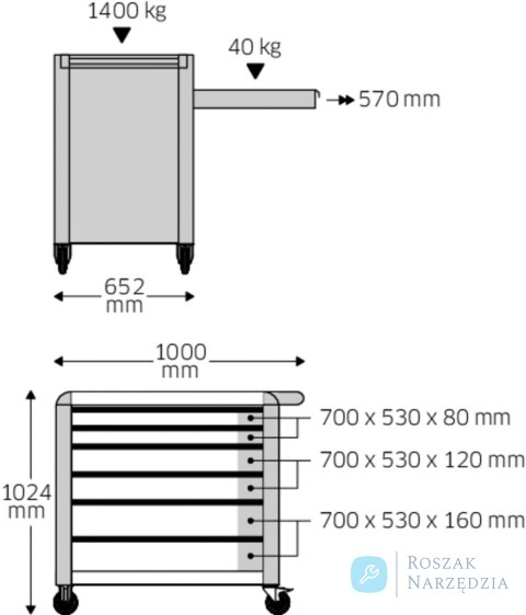 Wózek warsztatowy TTS 6-szufl. czerwony z nakładkami; 1000x1024x652mm, max obciążenie: 40kg na szufladę; 1400 kg na wózek; ST