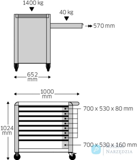 Wózek warsztatowy TTS 8-szuflad czerwony z nakładkami, 1000x1024x 652 mm; max obciążenie: 40kg na szufladę; 1400 kg na wózek ST