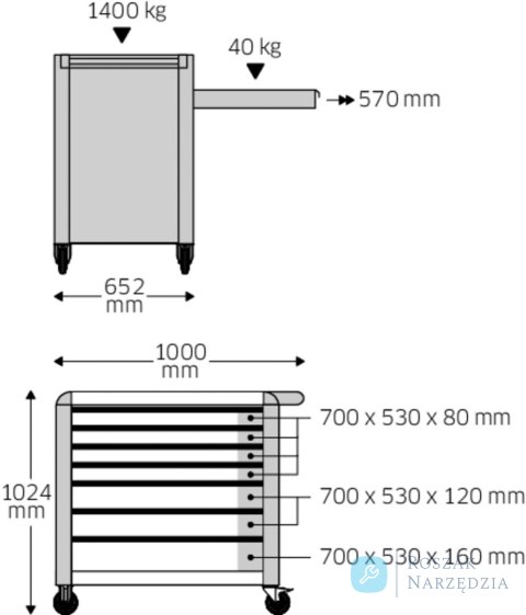 Wózek warsztatowy TTS 7-szuflad niebieski z nakładkami, 1000x1024x 652 mm; max obciążenie: 40kg na szufladę; 1400 kg na wózek_x0