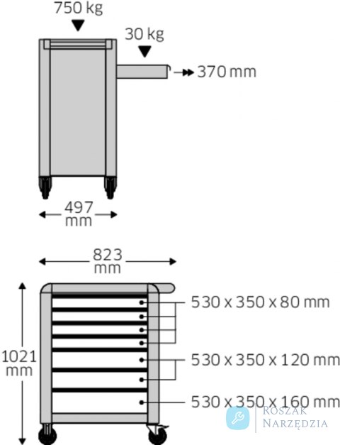 Wózek warsztatowy TTS 7-szufl.zielony.z nakładkami, 1021x823x 497 mm; max obciążenie: 30kg na szufladę; 750 kg na wózek STAHLWIL