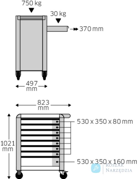 Wózek warsztatowy TTS Basic 8-szufl.zielony z nakładkami; 823x497x1021mm, max obciążenie: 30kg na szufladę; 750 kg na wózek; 7