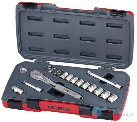 16-elementowy zestaw narzędzi nasadowych nierdzewnych z chwytem kwadratowym 3/8". Teng Tools TS3816