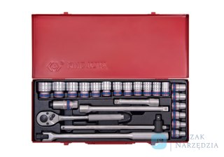 ZESTAW NASADEK 1/2", 24cz. KRÓTKIE 6-kąt. 10 - 32mm Z GRZECHOTKĄ I AKCESORIAMI, KASETA King Tony