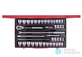 ZESTAW NASADEK METRYCZNYCH I CALOWYCH 1/2" 42cz. KRÓTKIE 12-kąt. 10 - 32mm, 5/16" - 1.1/4" Z GRZECHOTKĄ AKCESORIAMI, KASETA, KAS