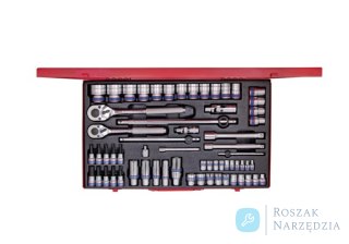 ZESTAW NASADEK 1/4" + 3/8" + 1/2" 62cz. KRÓTKIE 12-kąt. 4 - 32mm Z GRZECHOTKAMI I AKCESORIAMI, KASETA King Tony