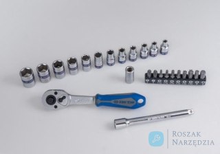 ZESTAW NARZĘDZI 1/4" 25cz. NASADKI KRÓTKIE, 6-kąt. 4 - 13mm Z GRZECHOTKĄ I AKCESORIAMI, KASETA King Tony