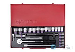 ZESTAW NASADEK 1/2" 24cz. KRÓTKIE 6-kąt. 10 - 32mm Z AKCESORIAMI, KASETA King Tony