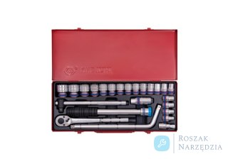 ZESTAW NASADEK 1/2" 24cz. KRÓTKIE 6-kąt. 10 - 32mm Z GRZECHOTKĄ I AKCESORIAMI, KASETA King Tony