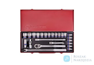 ZESTAW NASADEK 1/2" 24cz. KRÓTKIE 6-kąt. 10 - 32mm Z GRZECHOTKĄ I AKCESORIAMI, KASETA King Tony