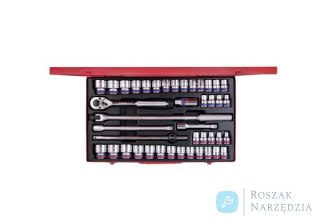 ZESTAW NASADEK 1/2" 42cz. KRÓTKIE 6-kąt. 10 - 32mm, CALOWE 5/16" - 1.1/4" Z GRZECHOTKĄ I AKCESORIAMI, KASETA King Tony