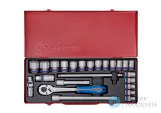 ZESTAW NASADEK 1/2", 24cz. KRÓTKIE 6-kąt. 10 - 32mm Z GRZECHOTKĄ I AKCESORIAMI, KASETA King Tony