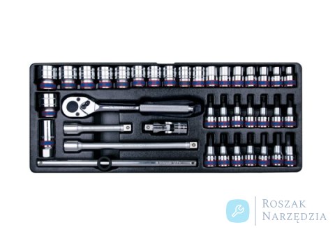 ZESTAW NASADEK 1/2" 38cz. KRÓTKIE 6-kąt. 10 - 32mm, HEX 4 - 12, ZESTAW WKRĘTAKÓW, TORX T25 - T40 Z AKCESORIAMI, WKŁAD DO SKRZYNI