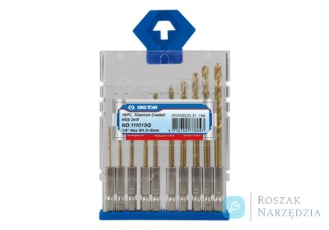 ZESTAW WIERTEŁ 1/4" HSS 1.5mm - 5mm, W POWŁOCE TYTANOWEJ Z UCWYTEM HEX, 10 SZT. King Tony ZESTAW WIERTEŁ 1/4" HSS 1.5mm - 5mm, W POWŁOCE TYTANOWEJ Z UCWYTEM HEX, 10 SZT. King Tony