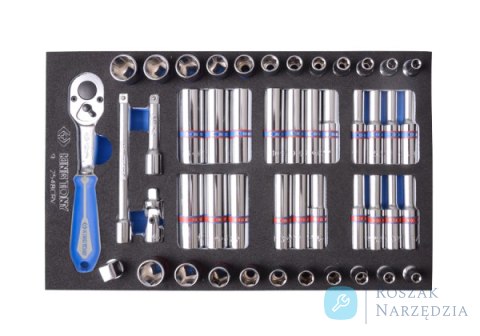 ZESTAW NASADEK 1/4" 48cz. KRÓTKIE/DŁUGIE, 6-kąt. 4 - 13mm, CALOWE 5/32"-1/2" Z AKCESORIAMI, WKŁAD Z PIANKI EVA DO WÓZKA King Ton