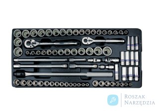 ZESTAW NASADEK 3/8" + 1/2" 78cz. KRÓTKIE/DŁUGIE 6/12-kąt. 8 - 32mm, CALOWE 3/8" - 1-1/4", Z AKCESORIAMI, WKŁAD DO WÓZKA King Ton