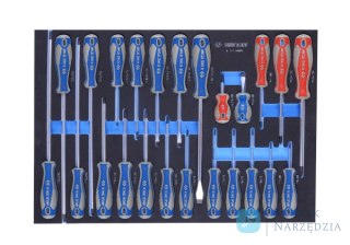 ZESTAW WKRĘTAKÓW 24 cz. KRZYŻAKI PH1 - PH3, PŁASKIE 3 - 10mm, TORX T6 - T30, WKŁAD Z PIANKI EVA DO WÓZKA King Tony