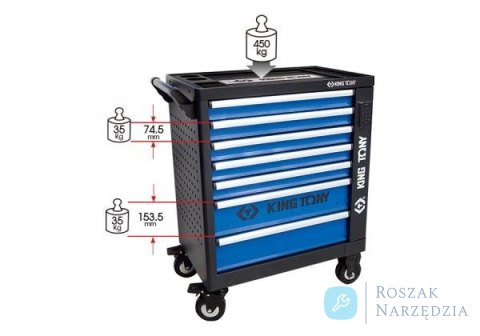 WÓZEK WARSZTATOWY 7 SZUFLAD Z ZAMKIEM ELEKTRONICZNYM (BEZ NARZĘDZI) - CZARNO NIEBIESKI, PROWADNICE ŁOŻYSKOWANE King Tony
