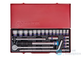 ZESTAW NASADEK 1/2" 24cz. KRÓTKIE 6-kąt. 10 - 32mm Z AKCESORIAMI, KASETA King Tony