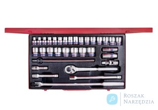 ZESTAW NASADEK 1/2" 33cz. KRÓTKIE 12-kąt. 8 - 32mm Z GRZECHOTKĄ I AKCESORIAMI, KASETA King Tony