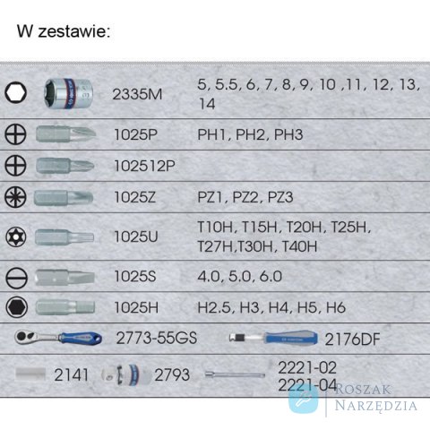 ZESTAW NARZĘDZI 1/4" 39cz. NASADKI KRÓTKIE, 6-kąt. 5 - 14mm + BITY, Z GRZECHOTKĄ I AKCESORIAMI King Tony