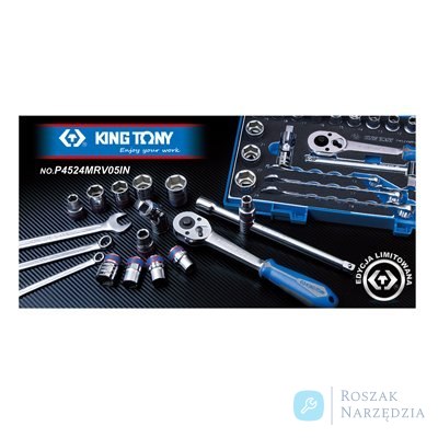 KING TONY - ZESTAW NASADEK 1/2" 24cz. KRÓTKIE 6-kąt. 8-24mm, KLUCZE PŁASKO OCZKOWE, AKCESORIA, WALIZKA GRATIS King Tony