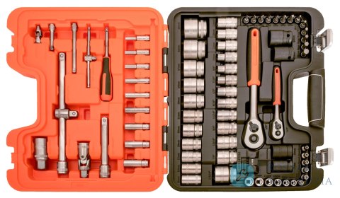 Zestaw narzędzi i nasadek z grzechotkami i pokrętłami 1/2" i 1/4", 77 elementów BAHCO