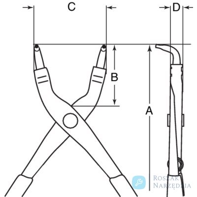 Szczypce do pierścieni wewnętrznych, odgięte 90°, średnica 85-165 mm, 3.1 mm oczko BAHCO