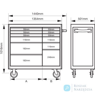 Wózek narzędziowy 53" z 12 szufladami 1016 mm x 501 mm x 1440 mm, udźwig 1100 kg BAHCO