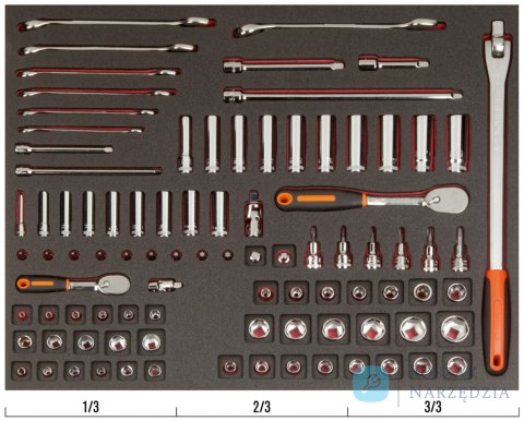 Wkład narzędziowy - Nasadki 1/4" + 3/8" i Klucze płasko-oczkowe standardowe - 91 elem. BAHCO