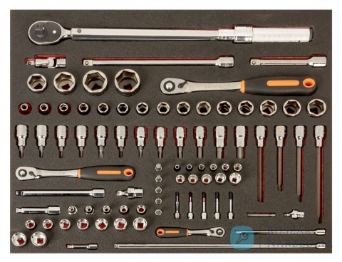 Wkładka z pianką z zestawem nasadek i klucz dynamometryczny 1/2" i 1/4" z przedłużaczami i końcówkami wkrętakowymi - 85 szt. BAH