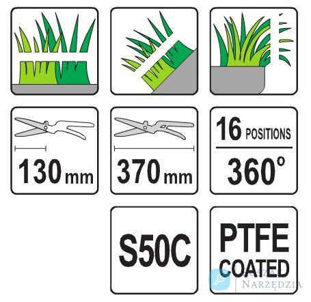 NOŻYCE DO TRAWY OBROTOWE 370MM 16-POZYCYJNE OSTRZA TEFLON YATO