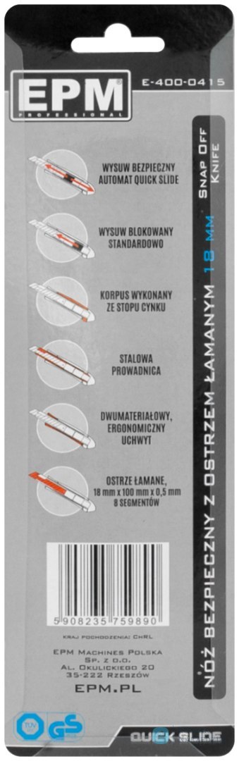 NÓŻ, NOŻYK Z OSTRZEM ŁAMANYM ALUMINIOWY BEZPIECZNY 18MM EPM