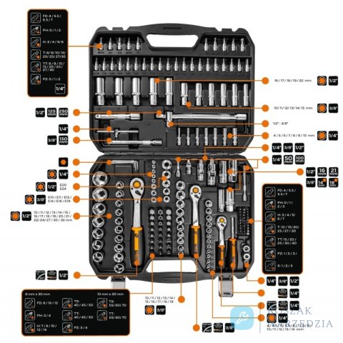 ZESTAW KLUCZY NASADOWYCH 1/2'',3/8'',1/4'' 182 CZĘŚCI NEO