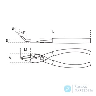 Szczypce do pierścien segera wewnętrznych odgięte o 45° 140x0,9 mm, Ø8-12 mm 1033/140X0.9 Beta