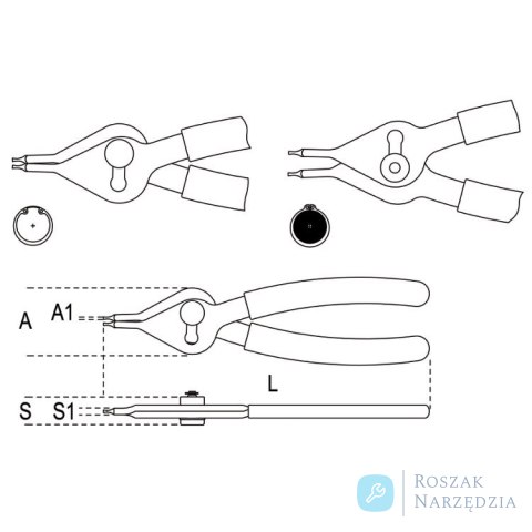 Szczypce do pierścieni segera wewnętrznych i zewnętrznych 150 mm, Ø 19-60 mm, 1039/150 Beta