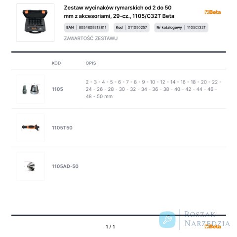 Zestaw wycinaków rymarskich od 2 do 50 mm z akcesoriami, 29-cz., 1105/C32T Beta