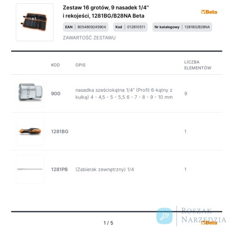 Zestaw 16 grotów, 9 nasadek 1/4'' i rekojeści, 1281BG/B28NA Beta