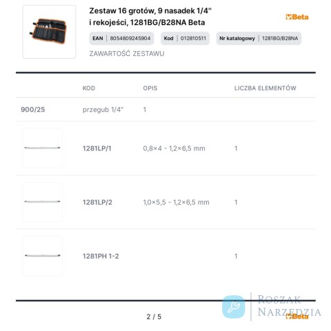 Zestaw 16 grotów, 9 nasadek 1/4'' i rekojeści, 1281BG/B28NA Beta