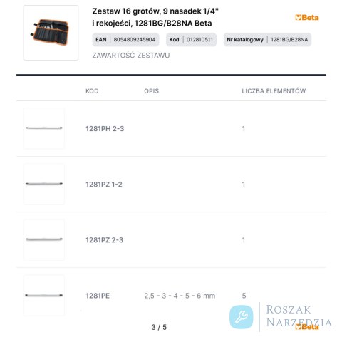 Zestaw 16 grotów, 9 nasadek 1/4'' i rekojeści, 1281BG/B28NA Beta