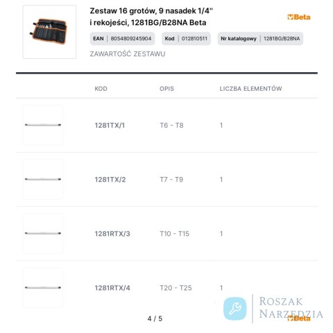 Zestaw 16 grotów, 9 nasadek 1/4'' i rekojeści, 1281BG/B28NA Beta