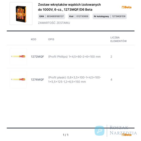 Zestaw wkrętaków wąskich izolowanych do 1000V, 6-cz., 1273MQF/D6 Beta