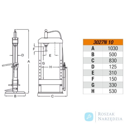 Prasa warsztatowa hydrauliczna 10 t z ruchomym tłokiem, 3027N/10 Beta