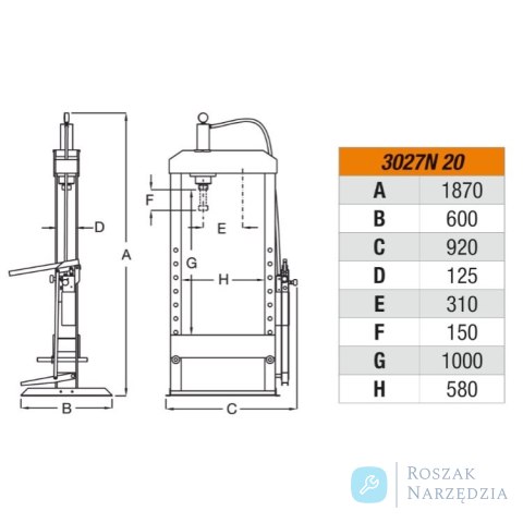 Prasa warsztatowa hydrauliczna 20 t z ruchomym tłokiem, 3027N/20 Beta