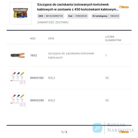 Szczypce do zaciskania izolowanych końcówek kablowych w zestawie z 450 końcówkami kablowymi, 1602/C9 Beta