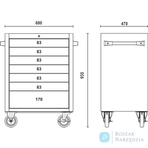 Wózek narzędziowy z 7 szufladami ze stali nierdzewnej (pusty), 935x680x470mm, 2400/C04TSS-7 Beta