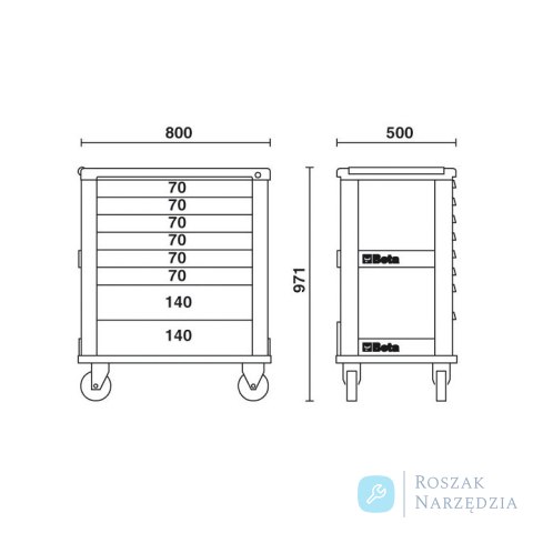 Wózek narzędziowy z 8 szufladami 971x700x500 mm, szary, 3900/C39-8/G Beta