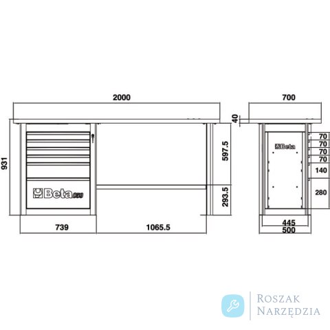 Stół warsztatowy 'Endurance' z 1 szafką 6 szuflad, pomarańczowy, 5900/C59A-O Beta