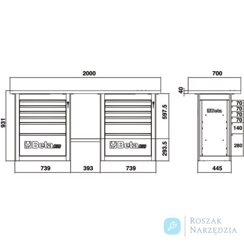 Stół warsztatowy 'Endurance' z 2 szafkami narzędziowymi, 12 szuflad, czarny, 5900/C59B-A Beta