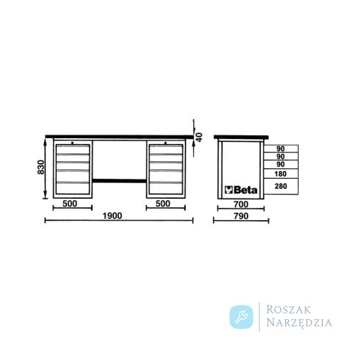 Stół warsztatowy MasterCargo z szafką i 5 szufladami 830x1900x790 mm, szary, 5700/C57S/D-G Beta