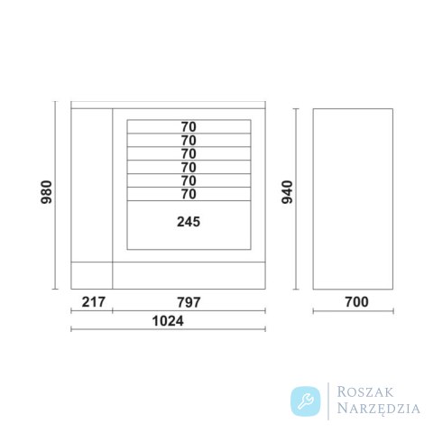 Szafka warsztatowa z 7 szufladami RSC55 1024x970x700 mm, szara, 5500/C55BG/1 Beta